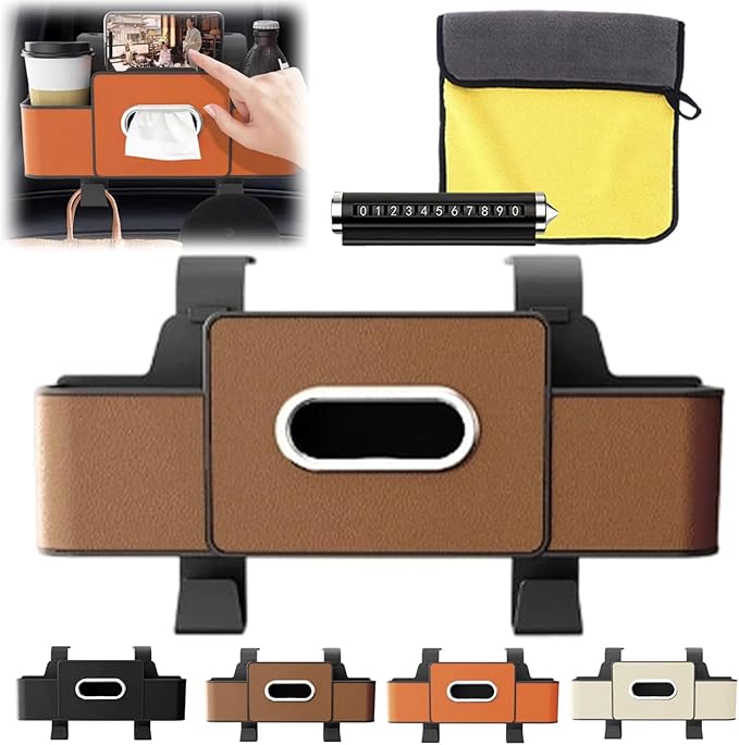 3-in-1 Car Backseat Organizer, Car Organizers and Storage Box with 2 Cup Holders & 4 Hooks, Multifunctional Car Seat Back Storage Box with Tissue Box, for Phone, Snacks, Drinks, Handbag (Brown, 1PC)
