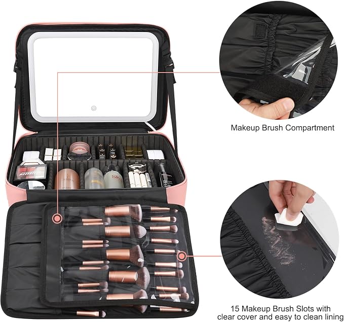 Chomeiu Makeup Bag with LED Mirror, Large Train Case for Makeup Artists, 16.2 inches Travel Professional Cosmetic Organizer with Light Up Mirror, 3 Color Lights, Brush Holder & Shoulder Strap (Pink)