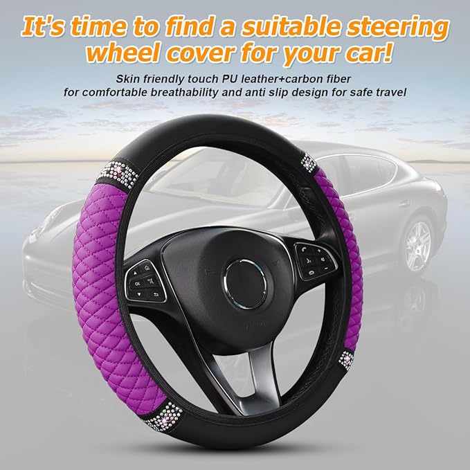 Bling Car Steering Wheel Cover, 15 Inch Crystal Rhinestone Elastic Stretch Leather Steering Wheel Protector, Vehicle Decor Accessories for Women Girls, Universal for RV, SUV, Truck (Purple)
