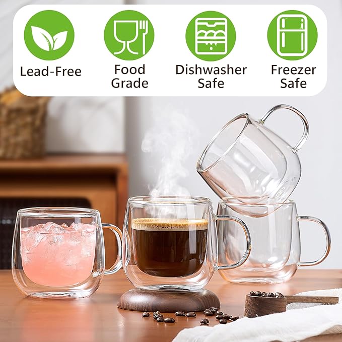 4 Pack Double Walled Glass Coffee Mugs, 16 oz Large Insulated Clear Coffee Cups with Handle, Cappuccino Mug for Espresso, Latte, Americano, Tea Bag, Beverage, Heat & Cold Resistant