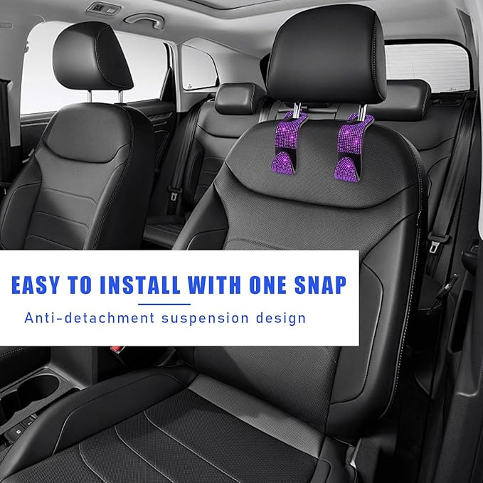 2 PCS Bling Car Seat Headrest Hooks, Crystal Rhinestone Back Seat Hanging Storage Organizer, Vehicle Seat Hanger Holder for Purse Handbag Coat, Interior Car Accessories (Purple)