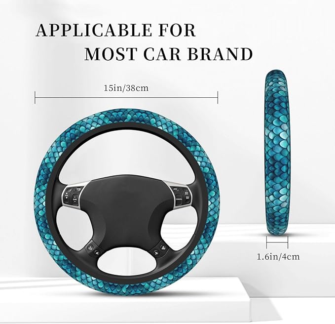 Blue Teal Mermaid Fish Scales Art Car Steering Wheel Cover, 15 Inch Steering Wheel Cover Stylish Decor for Most Cars