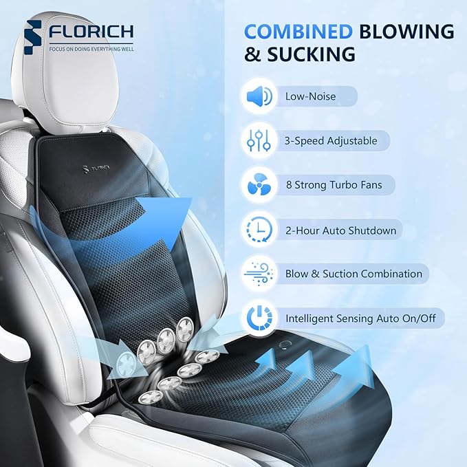 FLORICH Cooling Car Seat Covers with 8 Turbo Fans Car Seat Cooling Pad with Blowing & Suction 12V-24V Ventilated Seat Cover 3-Speed Adjustable Cooling Seat Cushion Universal Fit for Car SUV Truck Van