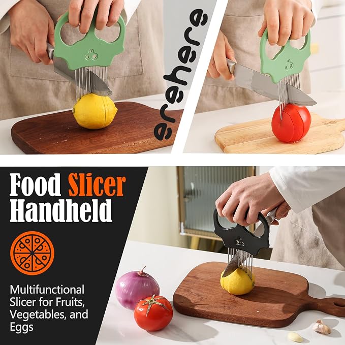 Stainless Steel Onion Cutter & Egg Slicer – Multi-Function Vegetable Cutter and Herb Stripper for Avocados, Tomatoes, and Potatoes (Green)