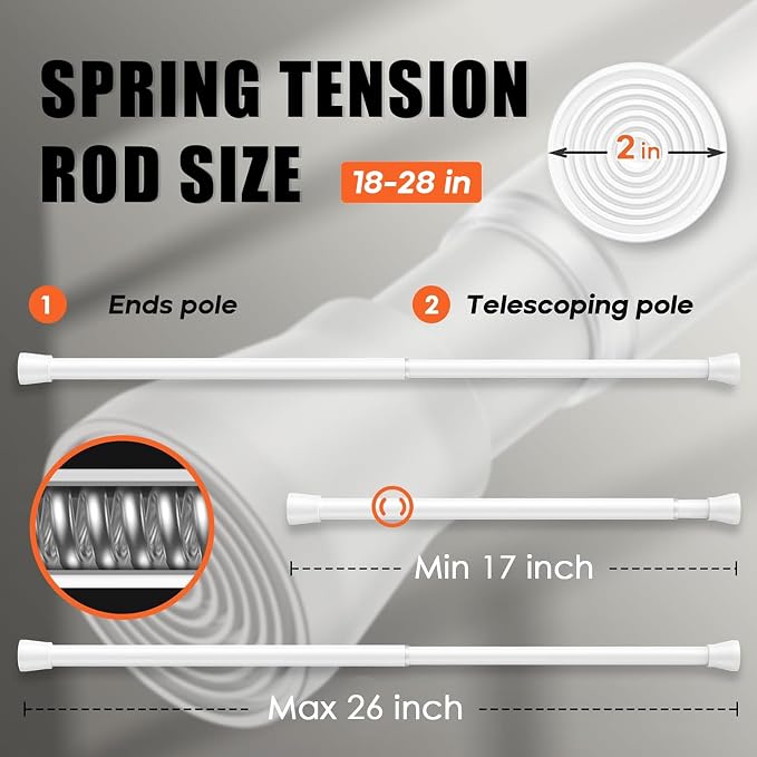 AIZESI White 2pcs Small Tension Rods 17 to 26 Inch, Durable Tension Curtain Rods Short Curtain Rods No Drilling, Spring Tension Rods For Windows No Drilling, Adjustable Spring Rod Tension Non-Slip