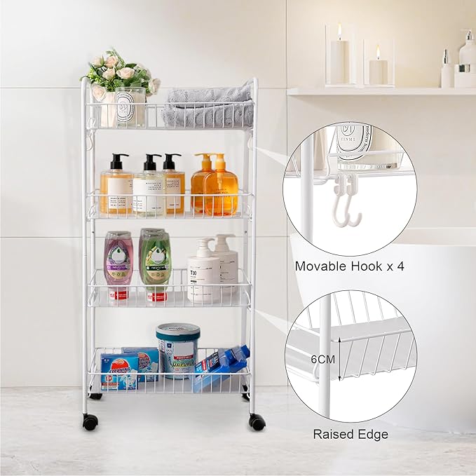 PLKOW 4-Tier Metal Rolling Utility Cart, Multi-Functional Storage Cart for Office, Living Room, Kitchen, Bathroom, Lightweight Organizer Cart with Wheels, White