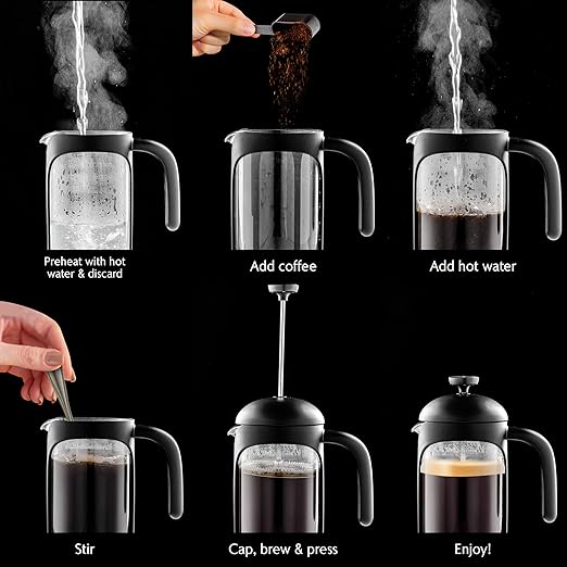 OVENTE French Press Coffee Maker 34 Ounce with Heat Resistant Borosilicate Glass & Stainless Steel 4-Level Filtration System, Portable Cold Brew Coffee Maker for Travel, Camping or Gift, Black FPB34B