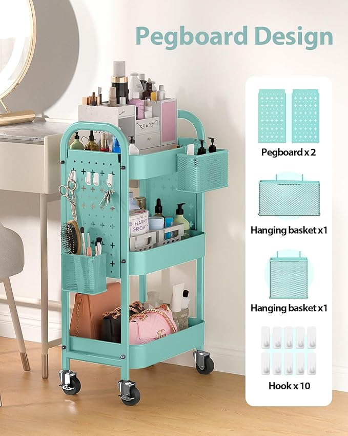 ALVOROG 3 Tier Rolling Cart with DIY Pegboards Metal Utility Cart with Wheels Handles Baskets Hooks, Craft Cart for Office Kitchen Bathroom(Tiffany Blue)