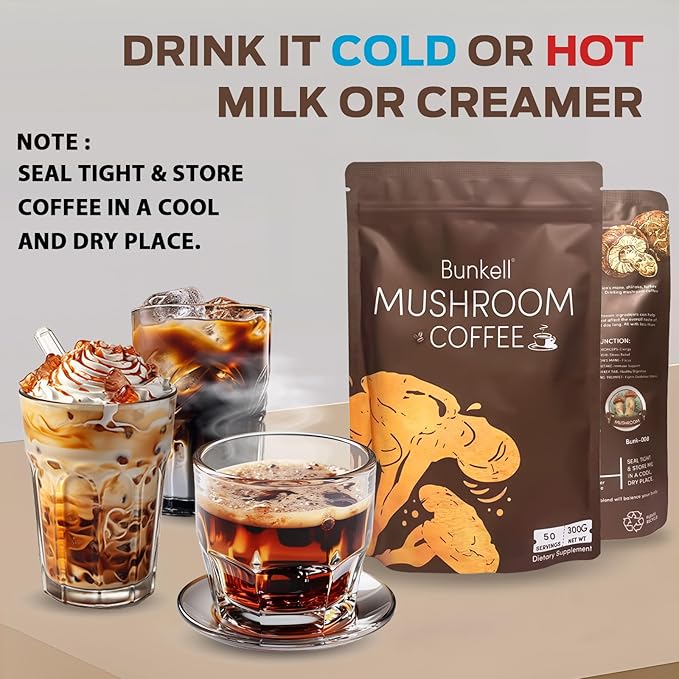 Mushroom Coffee, Adaptogenic 6 Mushrooms with Lion's Mane, Reishi, Cordyceps, Shiitake, King Trumpet & Turkey Tail, Instant Coffee Powder for Energy, Digestion & Immune Support, 50 Servings