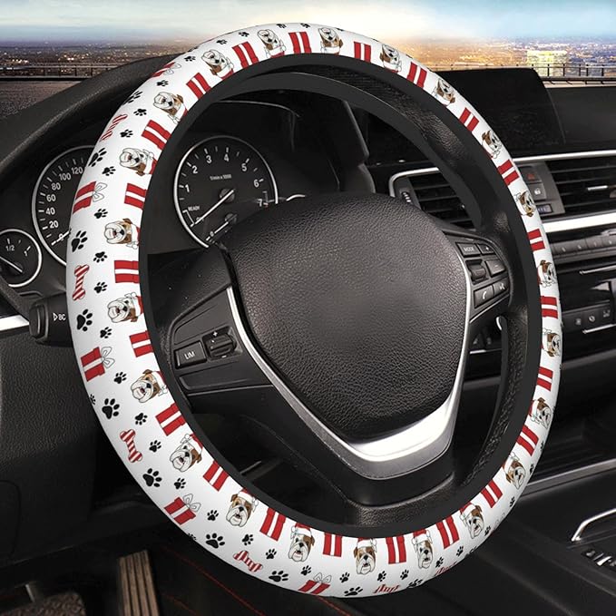 Elastic Steering Wheel Cover, Christmas Bulldog Universal 15 Inch Non-Slip Breathable Steering Wheel Protector, Car Accessories Fit Auto, Suvs, Truck, Sedans