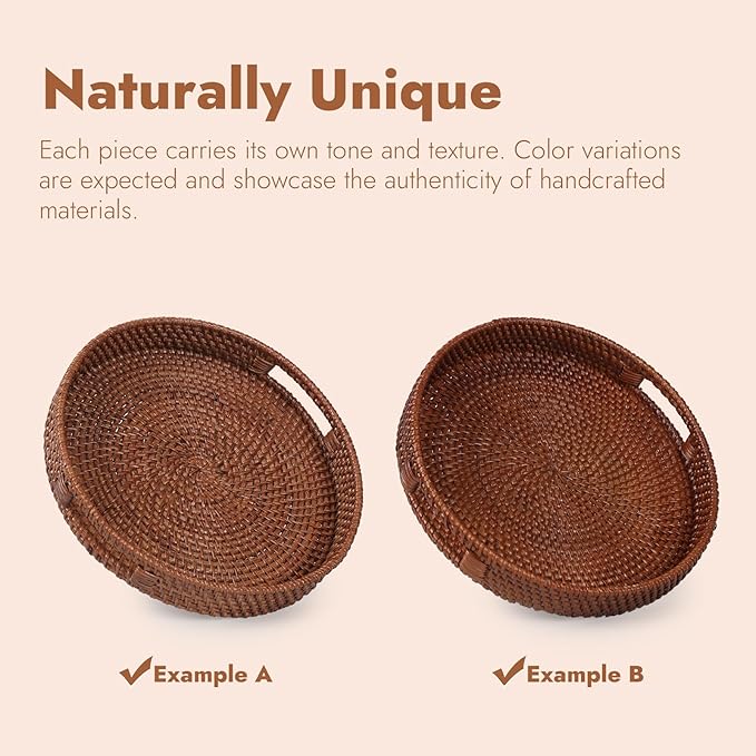 11.8 inch Round Rattan Tray, Decorative Coffee Table Tray, Ottoman Trays, Woven Serving Trays with Handles Wicker Serving Basket, Reddish-Brown