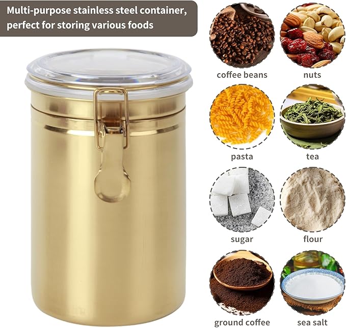 Kitchen Canister 41 oz,Airtight Stainless Steel Kitchen Food Storage Container for Coffee Beans,Beans,Tea,Flour, Cereal,Sugar.Coffee Container with Airtight Clear Lid and Locking Clamp.Gold