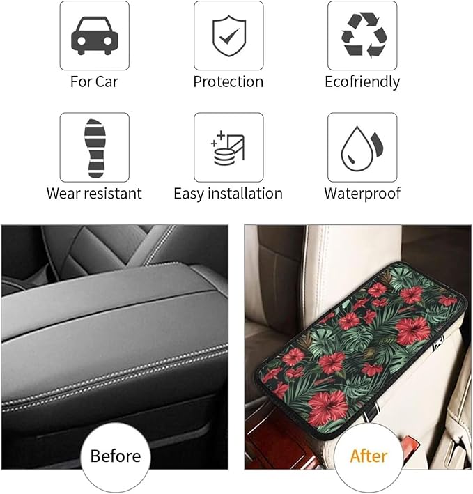 Red Hibiscus Auto Center Console Pad Aloha Palm Leaf Monstera Car Armrest Seat Box Cover Protector, Universal Non Slip Soft Center Console Armrest Pad for Vehicle, SUV, Truck