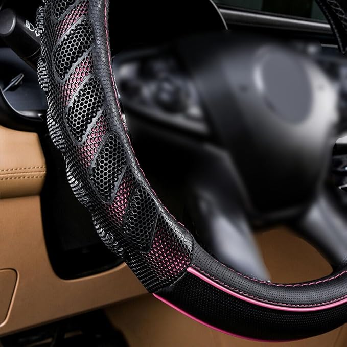 Flying Banner car Steering Wheel Cover Faux Leather Massage Universal fit 3D Honeycomb Hole Anti-Slip Sporty 15 Inches (Pink Black)