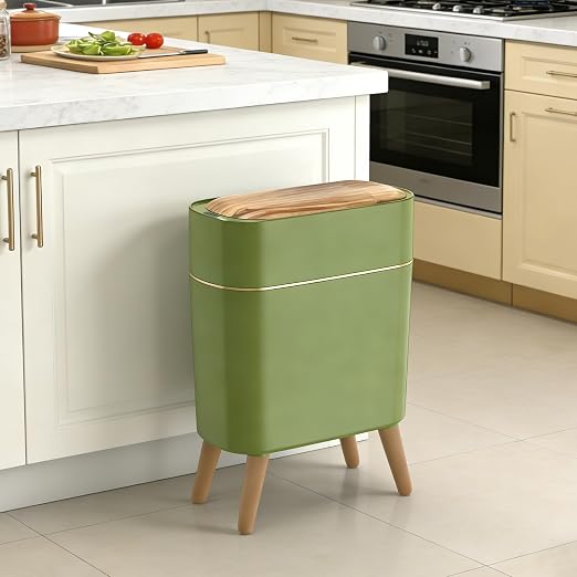 suyika Automatic Trash Can, 2.6 Gallon/10L Bathroom Trash Can with Lid - Wood Grain Lid and Legs, Touchless Waterproof Garbage Bin for Bedroom, Bathroom, Office, Living Room