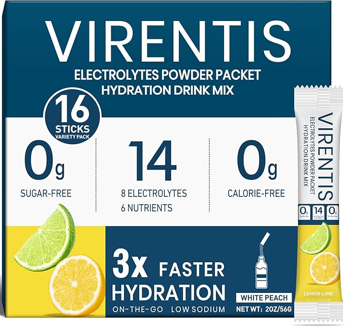 16 Sticks Electrolytes Powder Packets Sugar Free Hydration Packets Liquid Daily IV Electrolyte Drink Mix for Rehydration with 8 Electrolytes & 6 Vitamins, Low Sodium, Lemon Lime