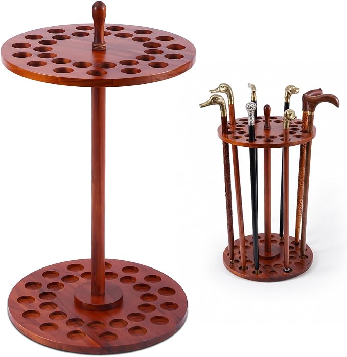 Leinuosen Rustic Wooden Walking Cane Stand Rack for 30 Canes, 27.5 Inch Tall Vintage Display Cane Holder Stand for Walking Sticks, Umbrellas, Antique Brown Home Entrance Decoratiion