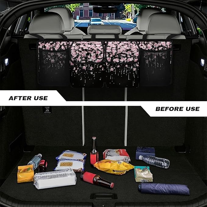 Cherry Blossom Auto Back Seat Trunk Organizer Hanging Car Organizer Trunk Foldable Cargo Storage with 4 Large Pockets 3 Adjustable Straps 37x11.8inch