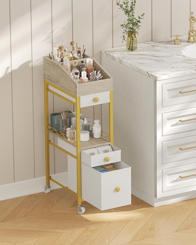 CHOEZON Makeup Organizer Storage Cart with Drawers, Floor-Standing Makeup and Skincare Organizer with Wheels, Bathroom Vanity Make Up Organizers for Brush, Hair Tool, White, Gold, and Natural TCJ90JW