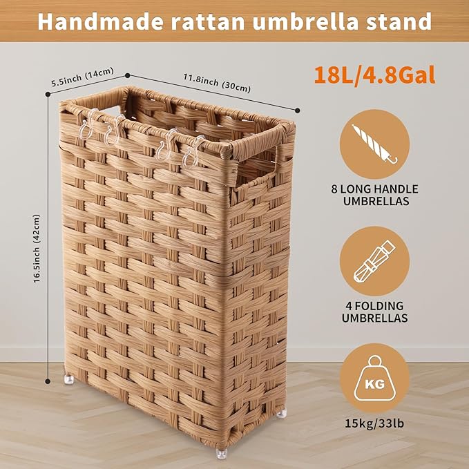 Rattan Umbrella Stand, Umbrella Holder for Entryway, Hand Woven Umbrella Rack Organizer Freestanding, with a Detachable Drip Tray, 4 Hooks, 11.8" L x 5.5" W x 16.5" H, Natural