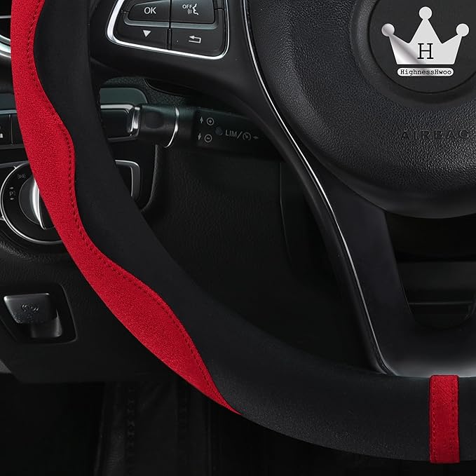 Luxury Suede Steering Wheel Cover for Cars, Soft Leather Padded Wheels Cover for F150, Trucks, Jeep, Van, Auto Thin Large Car Handle Cover, Universal Fit, Anti Slip, 15.2-16in, Red