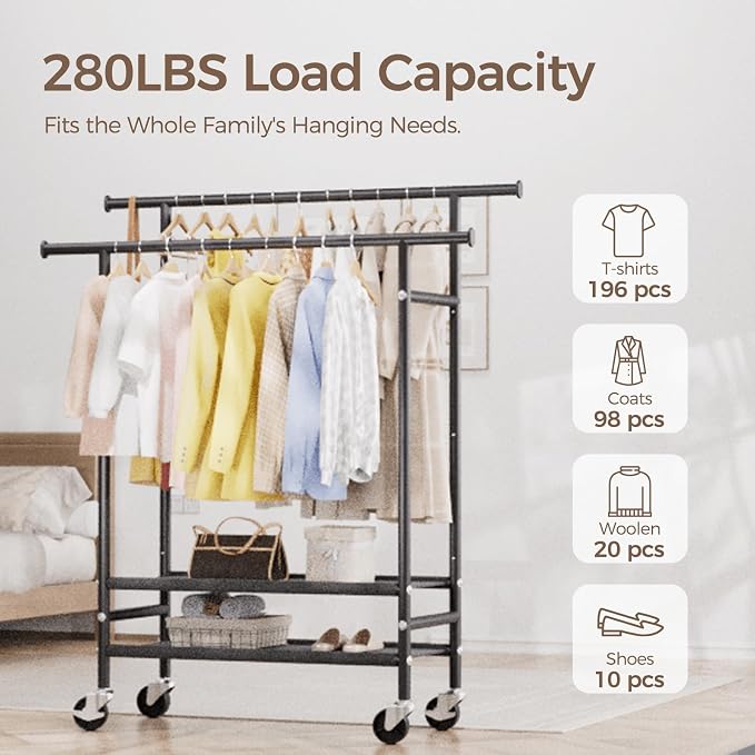 HYSEYY Rolling Clothes Racks, Double Rods Clothing Rack