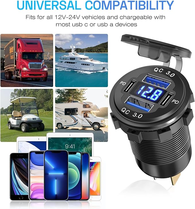 2Pcs 12V/24V Outlet with Voltmeter, Quick Charge 3.0 Dual USB Power Outlet, Waterproof Fast Charge USB Charger Socket DIY Kit for Car Boat Marine (2 Pack)