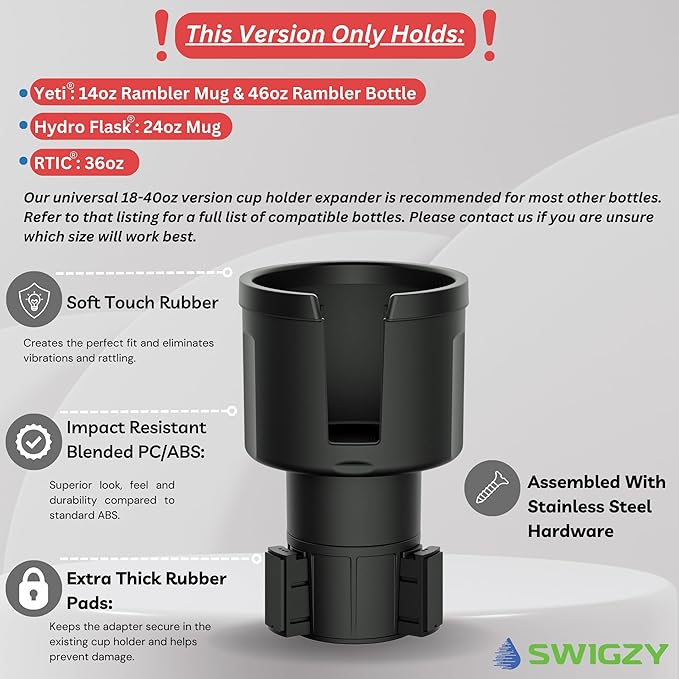 Extra Wide Car Cup Holder Expander - Made for Yeti 14oz & 46oz Rambler, Hydro Flask 24oz Mug, RTIC 36oz Bottles - Adapter Insert Extender Expandable and Adjustable
