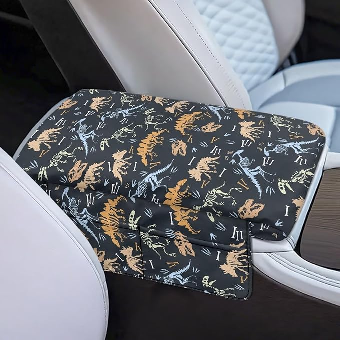 Dreaweet Dinosaur Car Accessories Thick Center Console Cover with Pockets Cute Car Armrest Storage Box Mat,Universal Comfortable Arm Rest Cover for Car Center Console Armrest Cover Pad
