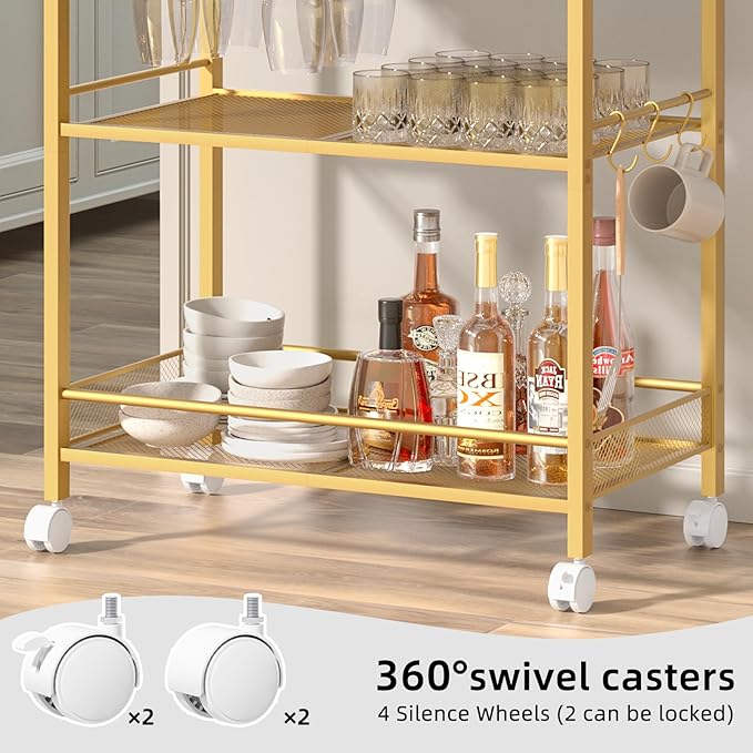 Bar Cart, Home Bar Serving Cart with 3-Tier Shelf,Microwave Cart with Lockable Wheels,Mobile Kitchen Shelf,Rolling Beverage Cart with Wine Rack and Glass Holder for Kitchen,Dinning Room,Gold
