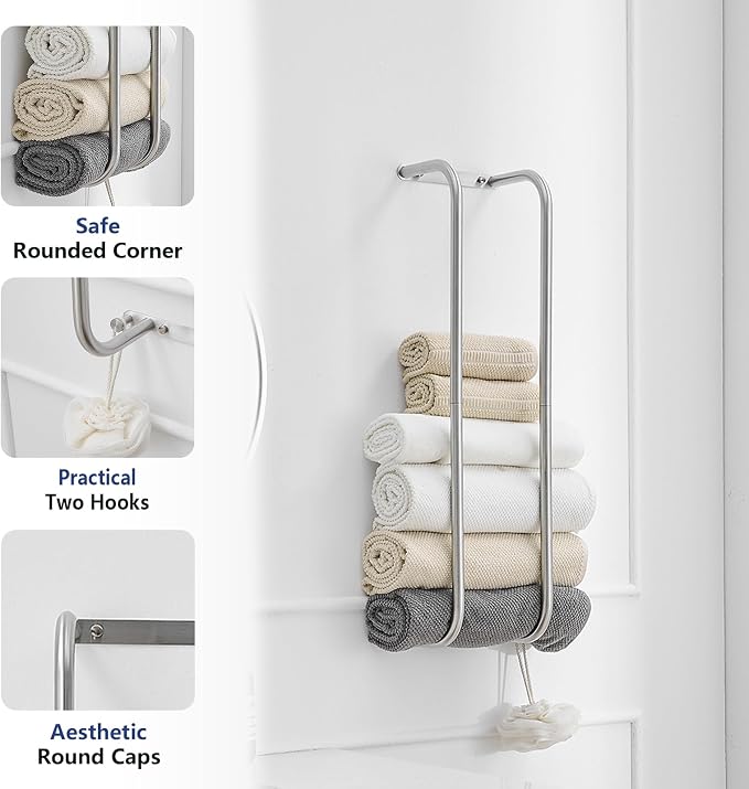 BWE Brushed Nickel Towel Racks for Bathroom, Wall Mounted Towel Rack for Rolled Towels, Bathroom Towel Storage, Stainless Steel Vertical Towel Holder, Bathroom Organizer