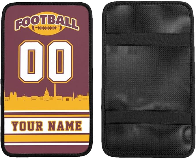 Custom Football Car Armrest Covers Personalized Football Style with Name Number Customized Auto Center Console Pad Car Handrail Box Cushion for Most Vehicle Decor Accessories, Yellow
