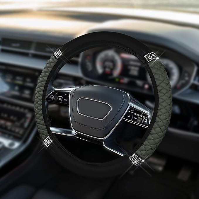 Car Steering Wheel Cover, Steering Wheel Accessories, Breathable Microfiber Leather Auto Wheels Protector, Universal 15 Inch Anti-Slip Protector for SUV Sedan Truck (Bling-Gray)
