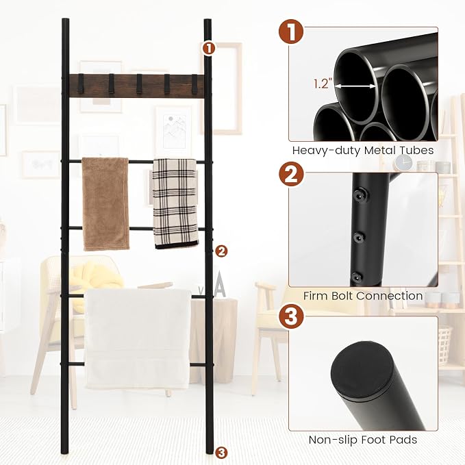 S AFSTAR Wall Leaning Blanket Ladder, 5-Tier Ladder Shelf with 5 Removable Hooks, Industrial Blanket Holder Rack, Drying and Display Rack for Bathroom, Living Room, Entrance, Rustic Brown