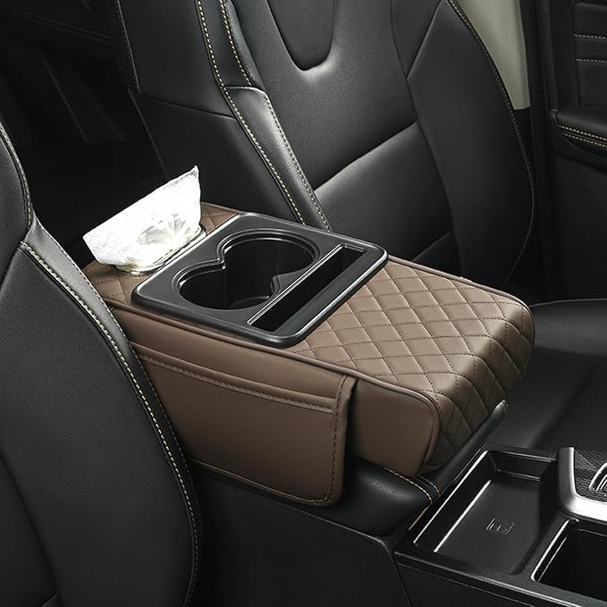Car Armrest Cushion, 5-in-1 Center Console Cover with 2 Storage Bags Cup Holder Tissue Box Slot, Car Center Console Cover Pad Car Armrest Box Cover for SUV Truck (Khaki)