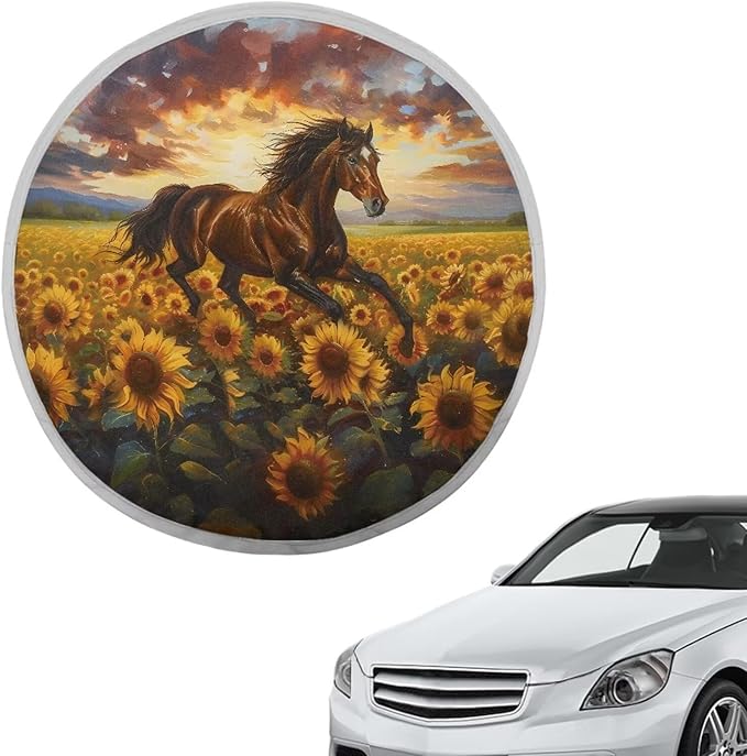 Steering Wheel Sun Shade Fit Most Car Truck SUV Van Block UV Rays Vehicle Steering Wheel Protector Interior Accessories, Sunset Glow Sunflower Running Horse Pattern