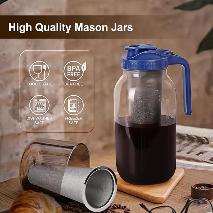 Cold Brew Coffee Maker - 64 Oz Heavy-Duty Glass Mason Jar Pitcher with Stainless Steel Filter, Leak-Proof Lid, Ergonomic Handle & Precision Pour Spout – Ideal for Iced Coffee, Tea, Cold Brew (Blue)