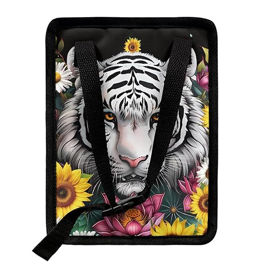 White Tiger Floral Car Trash Can, Hanging Zipper Design Garbage Bin for Backseat