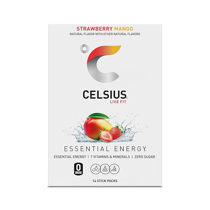 CELSIUS On The Go Strawberry Mango, Sugar Free Energy Drink Mix (14 Sticks per Pack) (Pack of 2)
