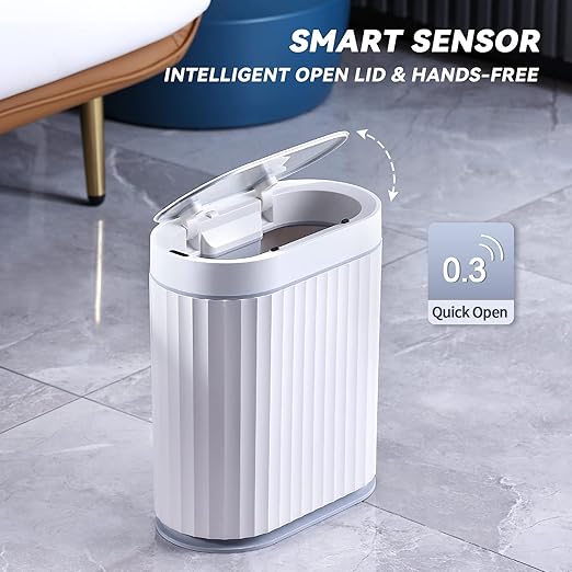 ELPHECO Bathroom Trash can Motion Sensor, Automatic Garbage can, Slim Plastic Smart Trash Bin with Lid, Commercial Intelligent Wastebaskets for Bedroom, Bathroom, Office, White Grey