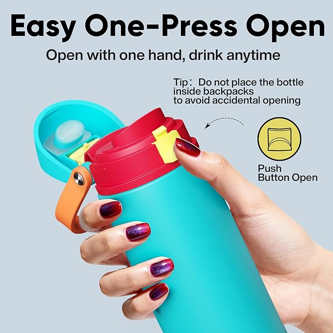 Insulated Water Bottle with Straw - Encool Stainless Steel Water Bottle with Push Button Lid, Leak-Proof & BPA-Free, Keeps Cold for 24 Hours for Sports, Travel, Gym (24 oz, Cerulean Blue)