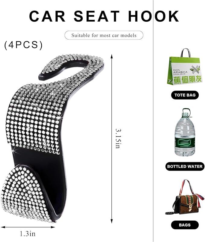 4 PCS Car Seat Headrest Hooks, Bling Crystal Rhinestone Back Seat Hanger Storage Organizer, Sparkly Seatback Holder Hooks for Purse and Bags Universal For Most Vehicles (Silver)