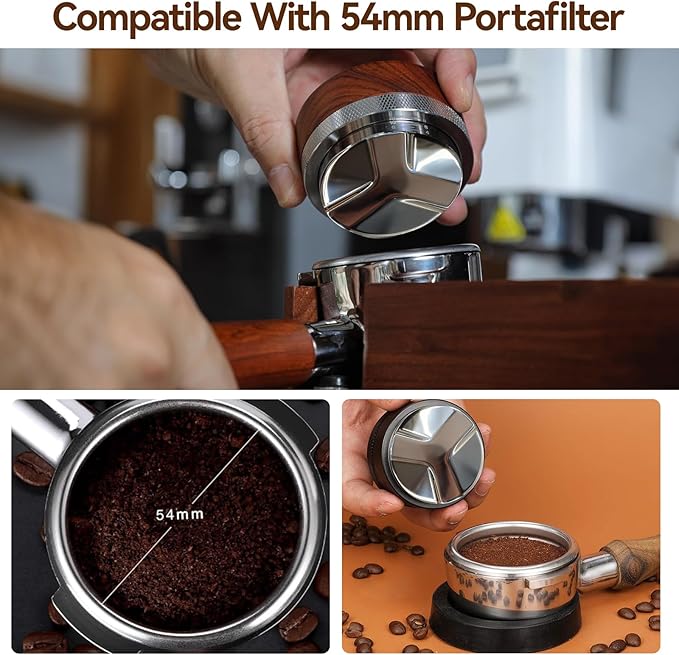 53mm Espresso Coffee Distributor - Adjustable Height 5-15mm, Walnut Wood Lid & 304 Stainless Steel Base, Compatible with Breville 54mm Portafilter for Coffee Enthusiasts