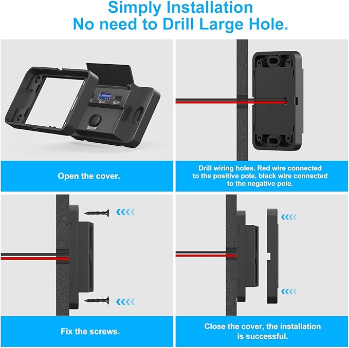 78W 12V USB Outlet Surface Mount Lightweight Dual USB C 30W and QC 3.0 18W Car USB Port, Waterproof 12V Power Outlet Cigarette Lighter Replacement DIY Kit