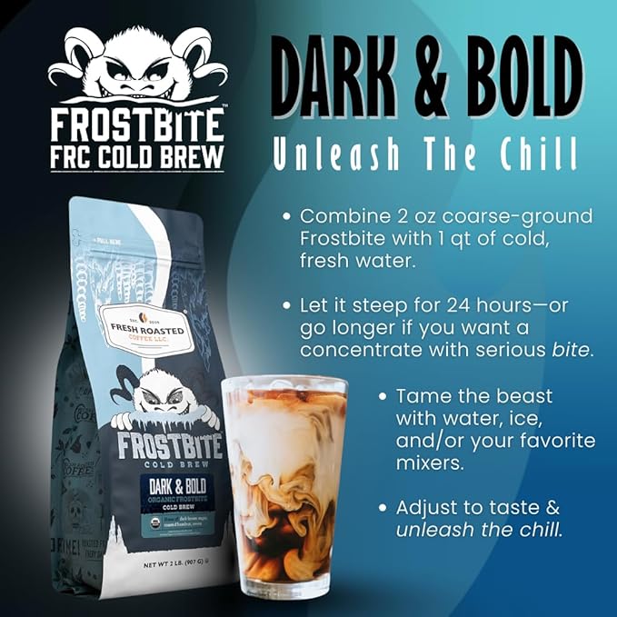 Fresh Roasted Coffee, Organic Dark & Bold Frostbite Cold Brew | USDA Organic, Kosher | Dark Roast | 12 oz Coarse Ground