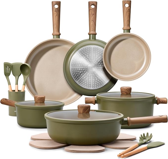 CAROTE 21pcs Ceramic Cookware Set Nonstick Pots and Pans set, Induction Cookware Set Kitchen Cooking Sets, Pot and Pan Non Stick w/Frying pan (PFOS, PFOA Free), Green