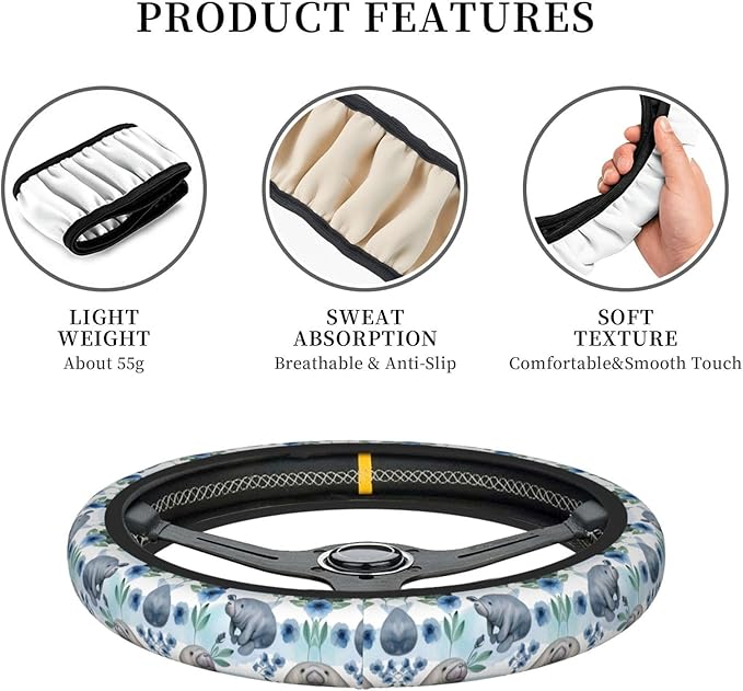 Neoprene Steering Wheel Cover Manatees-Florals Pattern Car Steering Wheel Cover Universal Fit for Most Cars