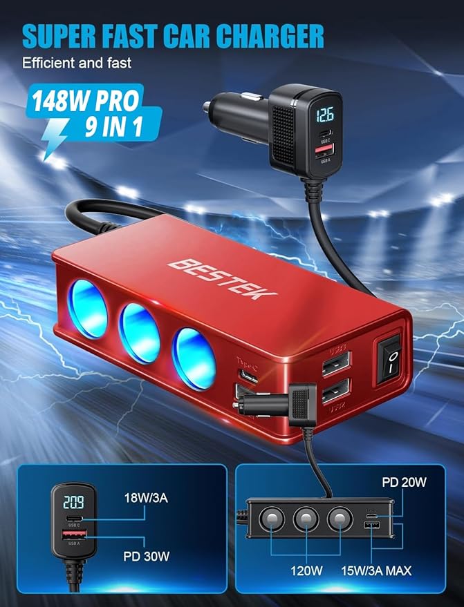 BESTEK Cigarette Lighter Splitter Adapter: 9 in 1 Car Charger 148W 3-Socket PD 30W and QC3.0 18W Charging Ports LED Display Super Fast Charger for 12V/24V red