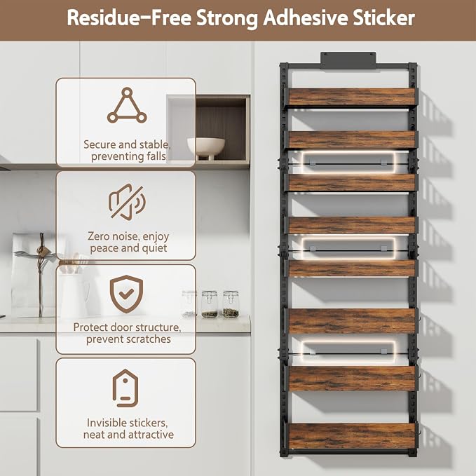 Over the Door Pantry Organizer: Pantry Organization and Storage with Hanging Basket - 8-Tier Adjustable Shelves Metal Spice Rack for Kitchen Laundry Room Bedroom & Bathroom