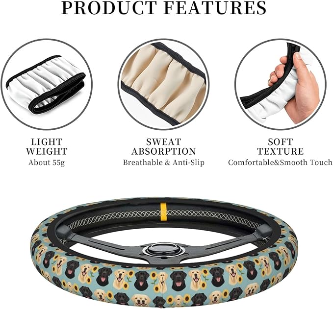 Neoprene Steering Wheel Cover Labrador Floral Sunflower Dog Car Steering Wheel Cover Universal Fit for Most Cars